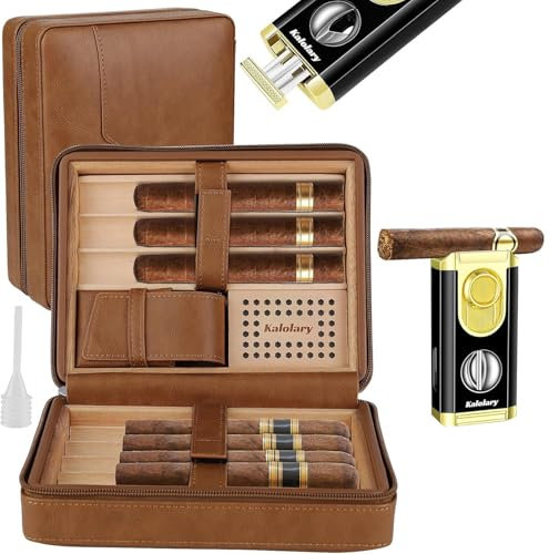 Kalolary Humidor per sigari, portasigari portatile con umidificatore, accendisigari e tagliasigari per 8 sigari, custodia da viaggio per sigari in pelle di cedro (marrone)