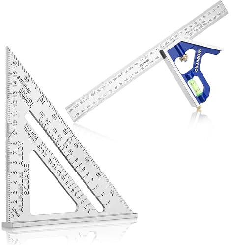 WORKPRO 180mm Speed Square and 300mm Combination Square Set, Aluminum Speed Square, Stainless Steel Combination Square, Adjustable Carpentry Square, Measuring Tool for Engineer Carpenter