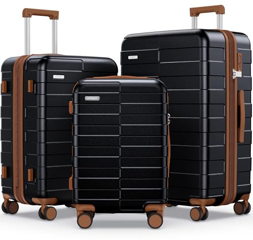 Vipbox Kofferset 3 Teilig Hartschale (3 Jahre VIP-Service) Leicht 100% Polycarbonat Ultra-Langlebige Erweiterbar Trolley Handgepäck Reisekoffer mit Rollen und TSA Schloss, Premium Schwarz