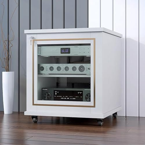 GUAWJRZDP Phonoschrank, Hi Fi Regal Mit Verstellbaren Regalen, Audio Rack Hi Fi Regalaus Holz mit Glastüren, Kabelmanagement, Hi Fi Rack for Videomedienständer(Wit,2-Tier)