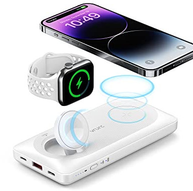 VRURC Caricabatterie Wireless Magnetico, Caricabatterie Portatile da 10000 mAh, Power Bank 3 in 1, Ricarica Rapida da 22,5 W Compatibile con Serie iPhone, Apple Watch e AirPods 3/2/Pro - Bianco