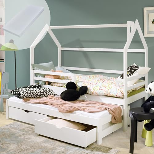 Kids Collective Hausbett Kinderbett 90x200 cm mit Ausziehbett Bett mit 2 Schubladen 2 Matratzen Lattenrost und Raufallschutz Jugendbett mit Dach Himmel weiß Holz massiv von 4 bis 18 Lebensjahr