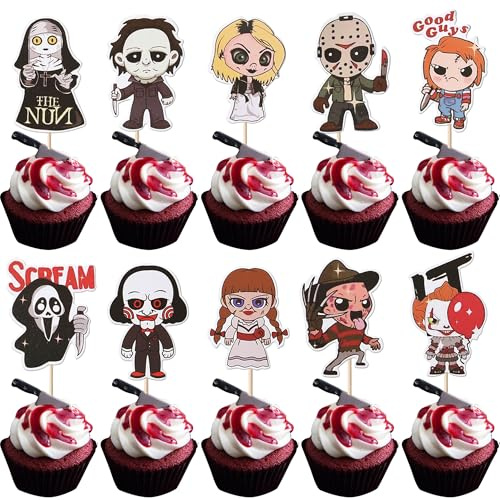 Xsstarmi 40 Packung Horror-Cupcake-Topper zum Geburtstag, Horrorfilm-Dekorationen, Horror-Figuren, Cupcake-Picks für Horror-Thema, Geburtstag, Babyparty, Halloween-Party, Kuchendekorationen
