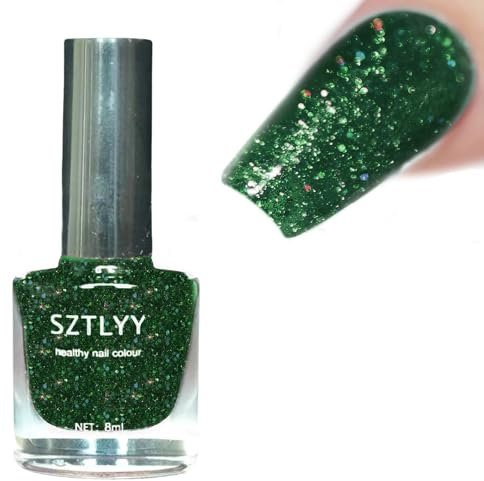 Glitter Dark Green Christmas Nail Polish - Shimmer Quick Dry Long Lasting Sparkly Emerald Varnish - No UV Needed Nail Art Manicure DIY Home Salon for Women