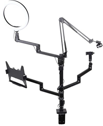 WilTec Trépied de Bras 4 en 1 pour Streaming – 99,6 x 15,2 x 143 cm – Support Bureau avec 1 Perche Micro + 3 Bras articulés pour caméra, lumière annulaire et Moniteur/Ordinateur – Statif Diffusion