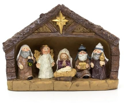 Carousel Home Traditional Christmas Nativity Set with 6 Figures | Christmas Stable Ornament and Resin Statues Crib Nativity Scene - 22.5x18cm