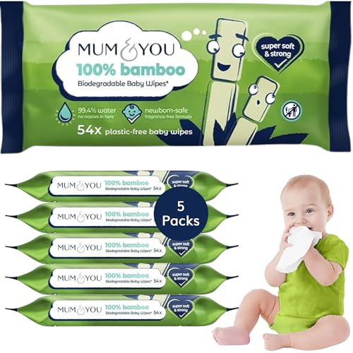 Mum & You Bamboo Baby Wipes Multipack - 100% Biodegradable Wet Bamboo Wipes (5 Packs), 99.4% Water| Ideal for Sensitive Newborn Skin, Baby Wipes Multipack for Bum Wet Wipes