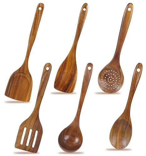 FJNATINH 6-teiliges Set Holzspatel-Set aus natürlichem Teakholz, Rühren, Backen Antihaftbes chichtetes,Einzugsgeschenke