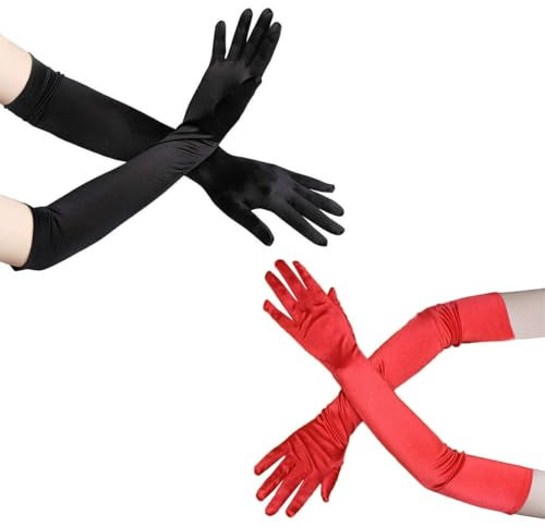 Handschuhe Lang, 2 Paar Handschuhe Elegant Damen, Ellenbogenhandschuhe, Satin Classic Abendhandschuhe, 1920er Handschuhe