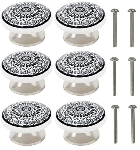 Knober Lot de 6 ferrures de meubles, noir et blanc, poignée mandala, pour armoires et tiroirs