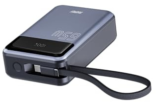AMG-CT Banco de energía EV200, 20000 mAh, carga rápida de 65 W, cable tipo C integrado, 3 puertos USB, gris
