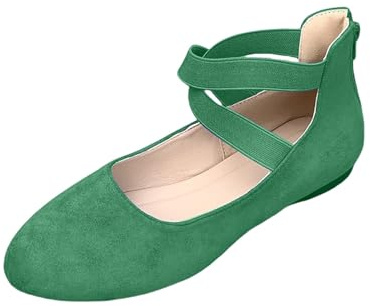 Women's Ballet Flats, Ballet Pumps Women Suede Low Wedge Sandals Round Toe Comfy Dolly Shoes Elastic Ankle Straps Ballet Lightweight Pump Shoes with Crossing Strap Solid Color Casual Shoe Green