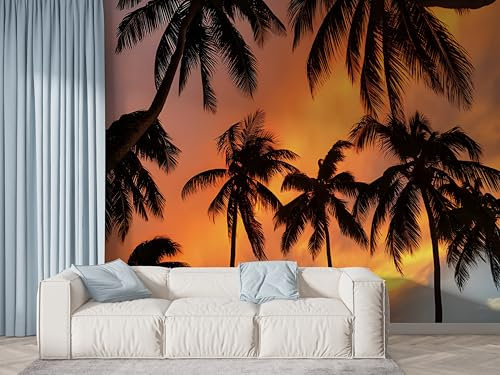 Boceoey Papier Peint Panoramique Palmiers Coucher De Soleil - Papier Peint Intissé Autocollant - Été Tropical Décoration Murale - Adhésif Mural pour Salon Chambre, 100x70 cm - N-332