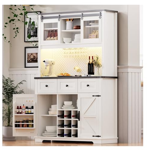 71 Farmhosue Pantry Bar Cabinet with Internal Storage Rack,Kitchen Cabinet with Hutch,Sliding Door,Power Outlet,Pegboard,Wine & Glasses Rack,3 Drawers,Rustic Coffee Bar Storage,White Oak