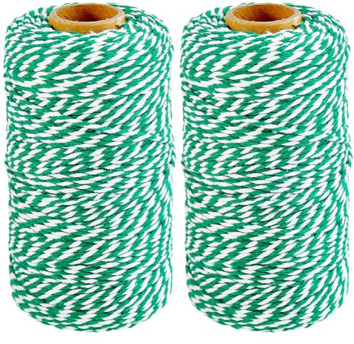 CABODYALS 2 Rollo de Hilo de Algodón Verde Y Blanco de 200 m Y 2mm, Ideal para Embalaje Navideño, Macramé, Manualidades, Cumpleaños, Bodas, Fiestas, Decoración, Envoltura de Regalos Y Jardinería.