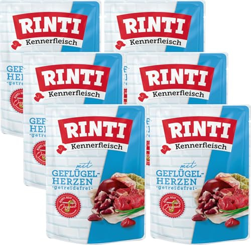Rinti Kennerfleisch Geflügelherzen | 6 x 400g Frischebeutel | 70 % Fleisch & Innereien | Getreidefrei | Mit Omega 3 & Ballaststoffen | Alleinfutter für ausgewachsene Hunde