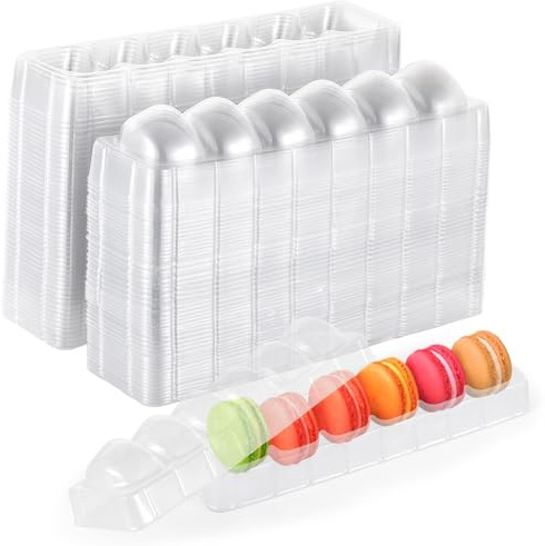 SWEWARM 50 PCS Macaron Boxes, 6-Slot Dessert Cases for Macarons Small Cakes, Clear Plastic Macaron Storage Containers, Macaroon Packaging Display Trays for Cookie Wedding Party Gifts