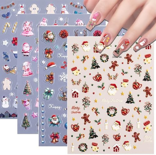 FOSDICK 4 Stück Nagelaufkleber Weihnachten, 5D Nagel Sticker Weihnachten, Weihnachts Nägel Weihnachtsbaum Schneeflocke Elch Santa Claus, Nageldesign Maniküre Nagelsticker Winter für Frauen