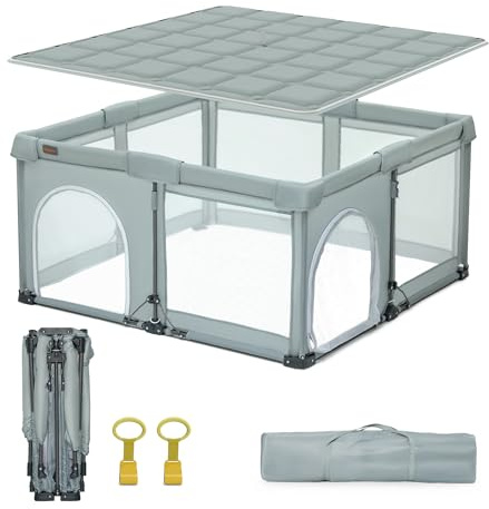 Heyo.Ja Parque infantil para bebés plegable, portátil con pop-up y alfombrilla reforzada, fácil de plegar, rejilla de seguridad para interior y exterior (150 * 180 * 67 cm)
