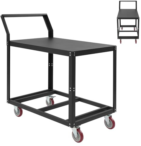 Tischwagen Transportwagen, Werkstattwagen Leer mit 2 Etagen, Plattformwagen mit Griff, Handwagen für Werkstätten, Hotels | Traglast 158,76 kg | 89.92×59.94×106.43cm | 2 Lenk- & Bockrollen (Schwarz)