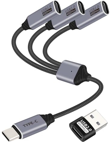RIIEYOCA USB C Splitter 1 in 3 Out, Type C Splitter,Type-C Male to 3 TypeC Female Extension Cord,USB-C Power splitter Cabler Extender Hub Support USB 2.0 for Charging and Data Transfer (26CM)
