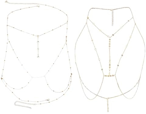 HTTDSLF 2 Stück Körperketten für Frauen, Damen Sexy Körperkette, Funkelnd Kristall Körper Kette, Sexy Mehrschicht Bauch Taille Kette Bikini BH Ketto, für Frauen und Mädchen (Gold)