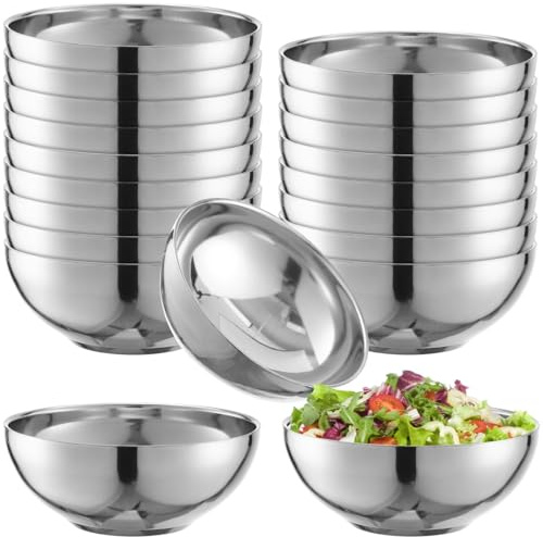 SWEWARM 20 Pcs Stainless Steel Bowls, 4.5 Inch Double Walled Insulated Metal Bowls Set, Silver Polished, Lightweight, Nesting Design, Great Bowls for Youngsters, Kitchen, Restaurant