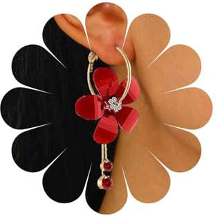 Katshdan Boucles d’Oreilles Dorées Fleur Rouge Strass Central Pendante