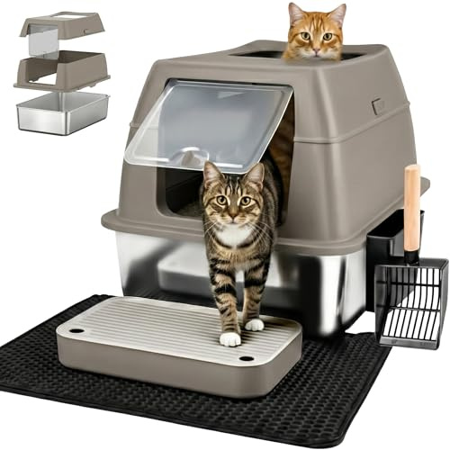 Lettiera per gatti XXL in acciaio inox con coperchio – Toilette chiusa a doppia entrata con gradino, paletta e tappetino – Facile da pulire, anti-odore, per gatti grandi - Marrone