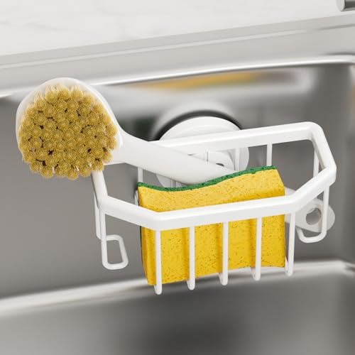 TAILI Sponge Holder for Kitchen Sink, Sink Caddy with Suction Cup - White | Sponge Holder for Kitchen Sink for Dishcloth, Brush, Stopper, Wall Mounted, Adhesive Free, No Drilling, Quick Drainage
