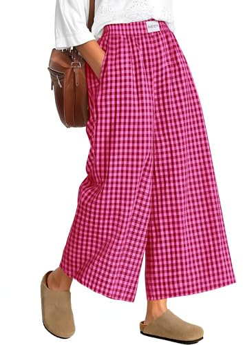 Neer Culottes - Pantalones de Gingham de Pierna Ancha, Cintura elástica, Estilo Casual, con Bolsillos | Pantalones de falda fluidos, culottes a cuadros o rayas, cómoda parte inferior de pijama, cintura elástica