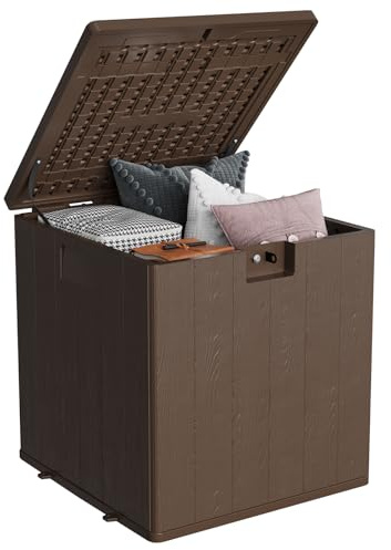 RBFGYIOP Contenitore da Esterno 28 Galloni in Resina Effetto Rattan – Impermeabile, Resistente ai Raggi UV, Coperchio Bloccabile – Per Cuscini Giardino, Attrezzi, Giochi Piscina – Marrone, Motivo