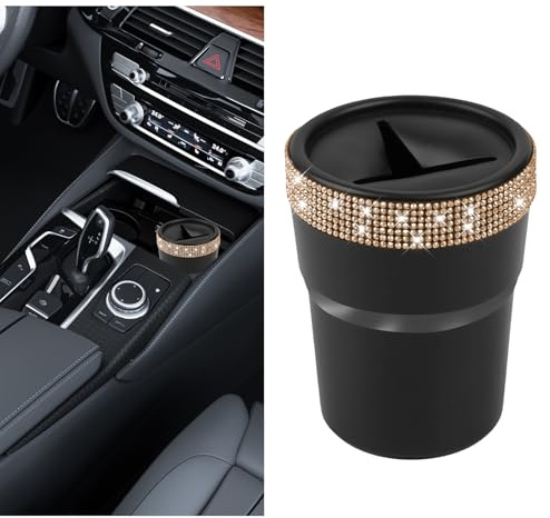 FINELYCR Mini Poubelle Porte Gobelet, Poubelle Voiture Interieur, Universel Porte-Monnaie pour Voiture, avec Décoration en Diamant Champagne, pour Différents Modèles, pour Ranger Pièces Monnaie, Clés