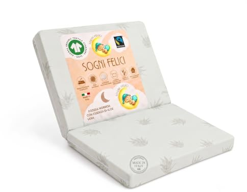 Sogni felici Lettino da Campeggio 60x120 Spessore 7 cm, OEKO-TEX® e CertiPUR™ Materassino Pieghevole per Culla da Viaggio, Aloe Vera, Materasso Lettino 60x120 Lettino Portatile