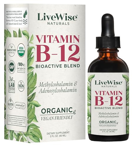 Organic Vitamin B12 1000 mcg Sublingual Liquid Drops For Adults, 1 Year+ Supply - 2 oz, Methylcobalamin & Adenosylcobalamin - Bioactive Blend for Energy, Clarity & Focus - Vegan, Non-GMO, Unflavored