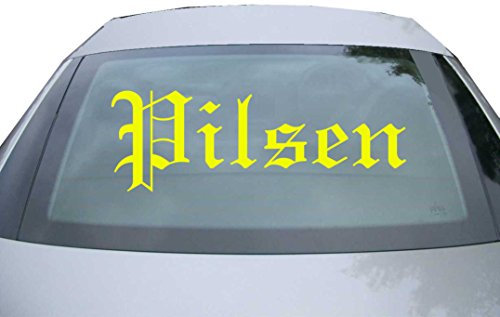 Indigos UG Aufkleber Heckscheibe & Motorklappe - neongelb - 600x206 mm - Stadt Pilsen - selbstklebender Sticker für Auto, Fenster, Bus oder LKW