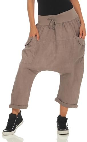 Malito Donna Harem Pantaloni di Lino Bloomers Capri Pantaloni Plain Colors 6285 (Fango)