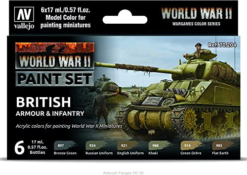 Vallejo 070204 Farb-Set, Britische Panzerung und Infanterie, WWII Modellbausatz, Mehrfarbig, 17 ml (6er Pack)