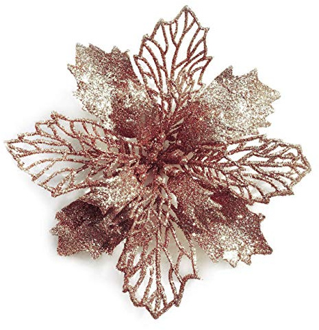 GL-Turelifes Förpackning med 12 glitter konstgjord julstjärna blommor julkrans julgran blommor prydnader 16 cm (6 tum) diameter med 12 st gröna mjuka stavar (roséguld)