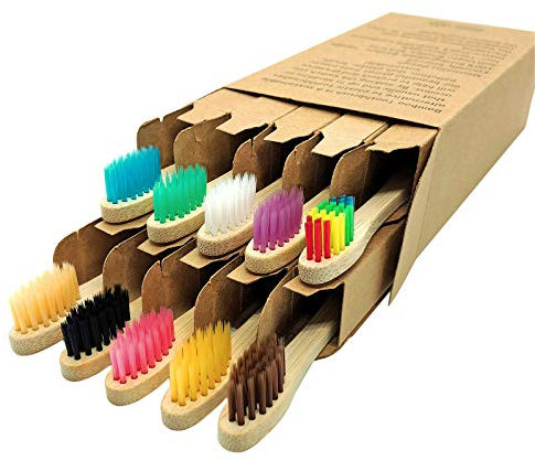 Kids Bamboo Toothbrushes 10 Pack, Children's Toothbrush Colorful Soft Bristles Eco Friendly Biodegradable Wooden Handle, Small Head Tooth Brush for Child