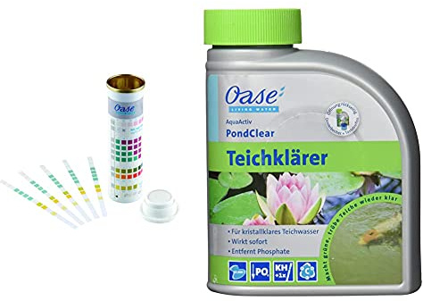 Oase 50570 AquaActiv QuickSticks 6in 1 50 Stück - Wasseranalyse Teststreifen für Teichwasser aus Gartenteich Fischteich Koiteich Schwimmteich Pool & 43140 AquaActiv PondClear Teichklärer 500 ml