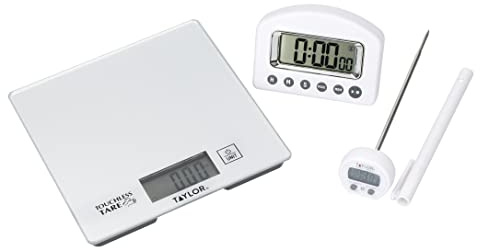 Taylor Pro 3-Piece Kitchen Measuring Set with Hygienic Digital Scales, Instant- Read Thermometer and Timer - White