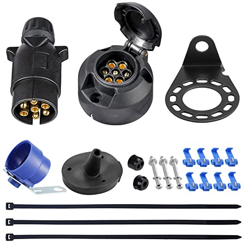 SPARKMOTO Prise Remorque 7 Broches Femelle Et Prise Remorque 7 Broches Male,12V Prise Fiche pour Remorque 7 Broches Étanche,Fiche pour Caravane RV,avec Kit Support de Montage et Joint arrière(SK0702D)
