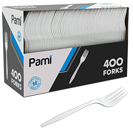 PAMI Medium-Weight Disposable Plastic Forks [400-Pack] - Bulk White Plastic Silverware For Parties, Weddings, Catering Food Stands, Takeaway Orders & More- Sturdy Single-Use Partyware Forks
