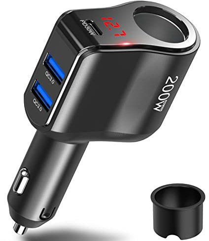 PD 30W kfz Ladegerät Verteiler: 200W 12V USB C Zigarettenanzünder Adapter Splitter 12 Volt DC Stecker Mehrfach Auto Steckdose mit Voltmeter Dual Typ C Anschluss für lPhone Samsung Handy GPS Dashcam