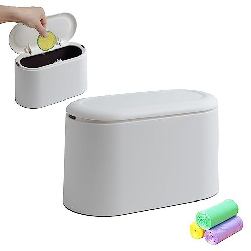 COCOMU Petite poubelle de table avec couvercle, petite poubelle pop-up en plastique, pour bureau, cuisine, chambre, coiffeuse, voiture, petite poubelle (Blanc)
