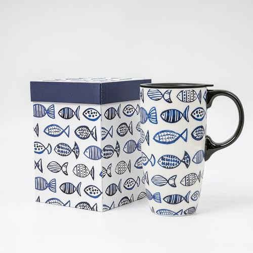 Topadorn Ceramic Travel Mug with Spill-Resistant Lid, 17oz / 500ml Tall Coffee Cup, Suitable for Home, Office, Holiday or Birthday Gift, Fish