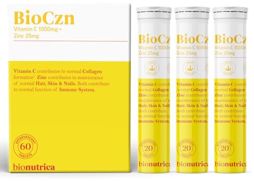 BioCzn- Vitamin C 1000mg and ZinC 25mg- 60 Effervescent Tablets- Improve Your Skin Health, Immunity, and Energy Levels | Fast-Acting | Suitable for Vegan & Vegetarian -GMP Certified