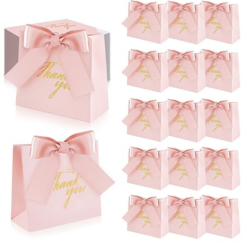50 Piezas Thank You Bolsas de Regalo con Rosa Lazos-11.5x4.5x10 cm-Rosa