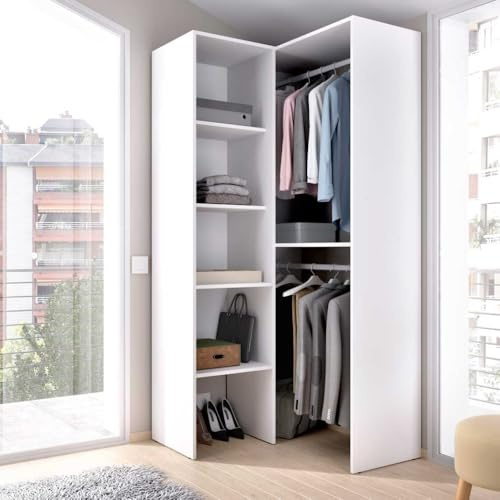 Armadio ANGOLARE Zebra - Bianco Spogliatoio Aperto angolare con 2 aste per Appendere e scaffali. Ottimizza Lo Spazio. Grande capacità di stoccaggio.